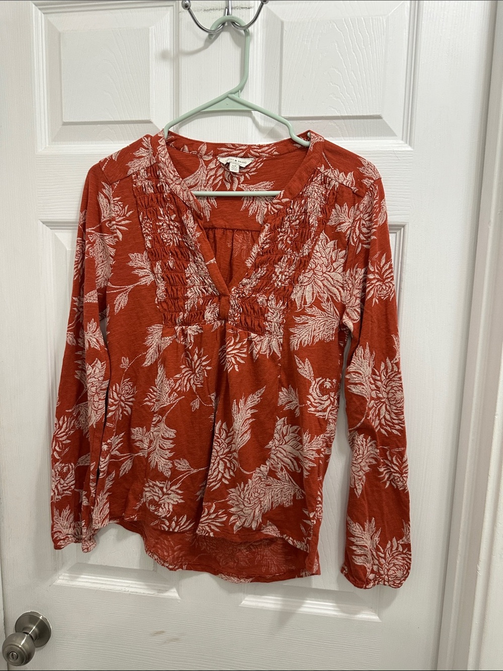 Lucky Brand Rust Floral V-Neck Smocked Blouse